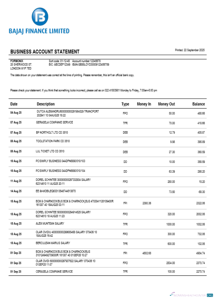 Bajaj Finance Limited business firm account bank statement Word and PDF format